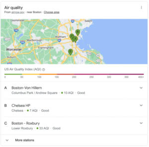 Google Maps Air quality status printscreen